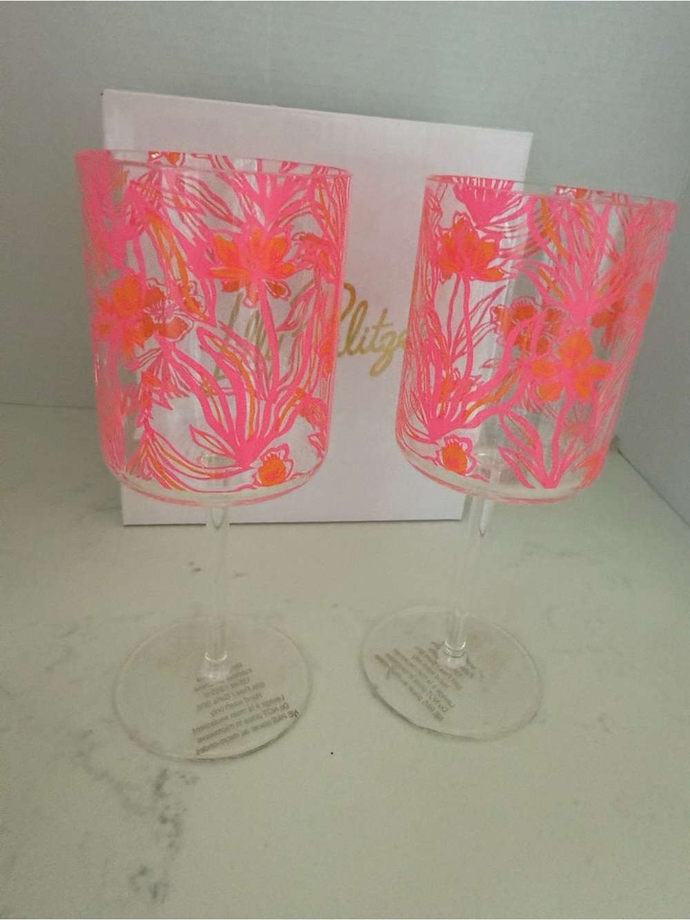 Lilly Pulitzer Pink & Orange Floral Stemmed Wine Glasses acrylic